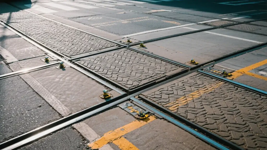 Low-angle shot of streetcar tracks intersecting Douglas_Gorge turn lanes, showing tire grooves with highlighted snare points for small wheels