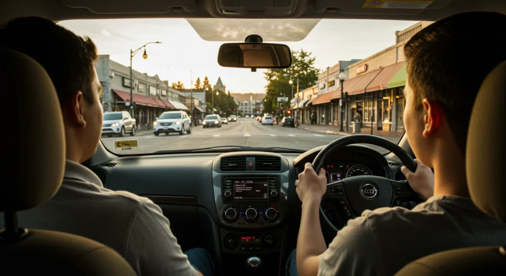 Student practicing driving in Victoria with Deluxe instructor